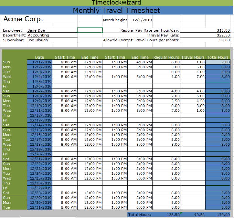 Monthly Timesheet Templates - Time Clock Wizard