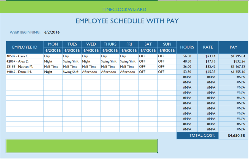 hourly salary work week schedule template