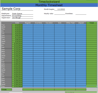 Monthly Timesheet Templates - Time Clock Wizard