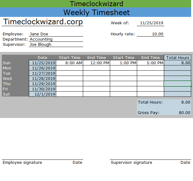 Weekly Timesheet Templates - Time Clock Wizard