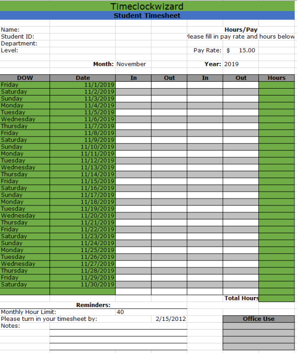 Monthly Timesheet Templates Time Clock Wizard